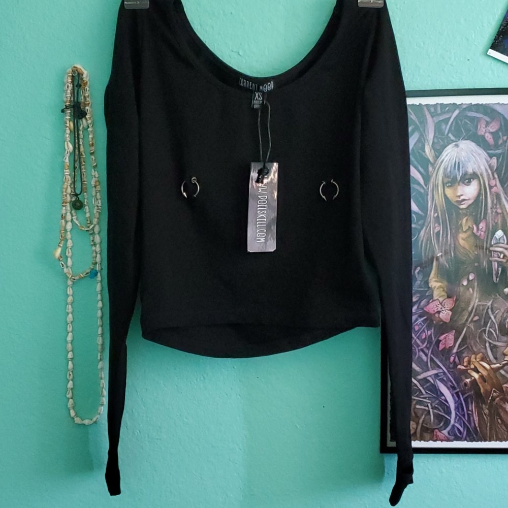 Current Mood Black Crop Top Peirced Nips
